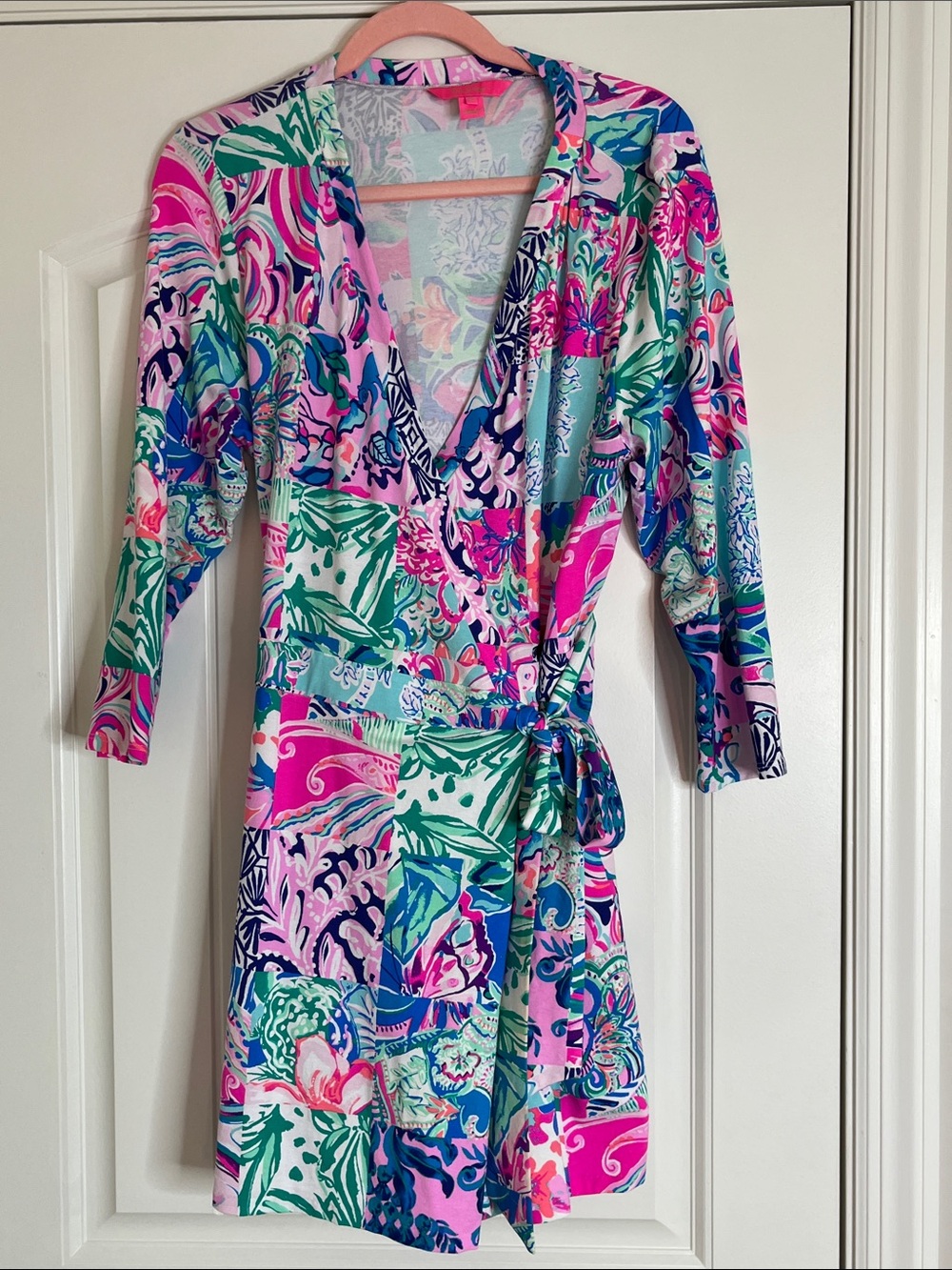 Lily Pulitzer-“Karlie” wrap romper in a vibrant, multi-pattern floral print-XL